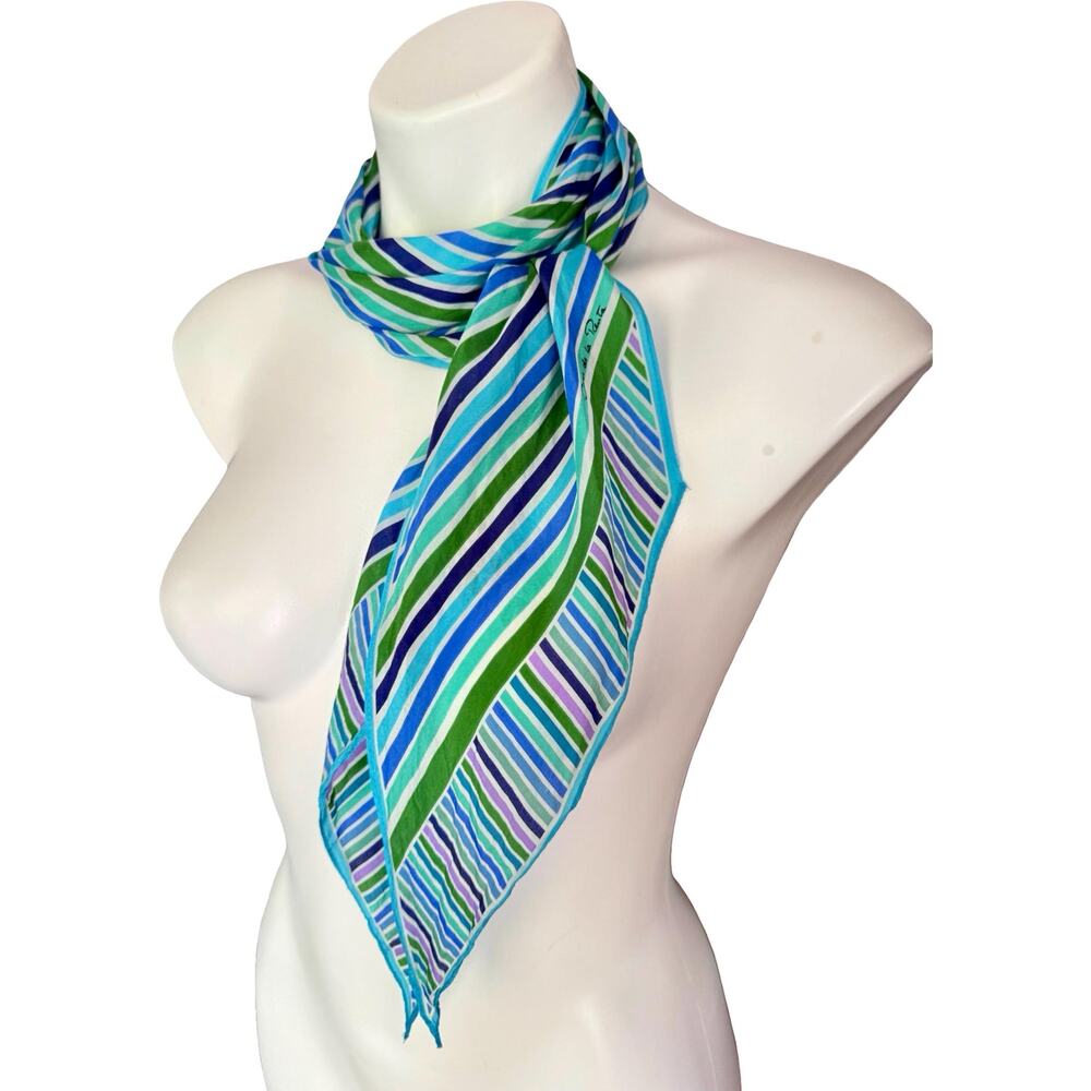 Vintage Oscar de la Renta Silk Skinny Scarf Diagonal Turquoise Japan 7x78" - Picture 4 of 9